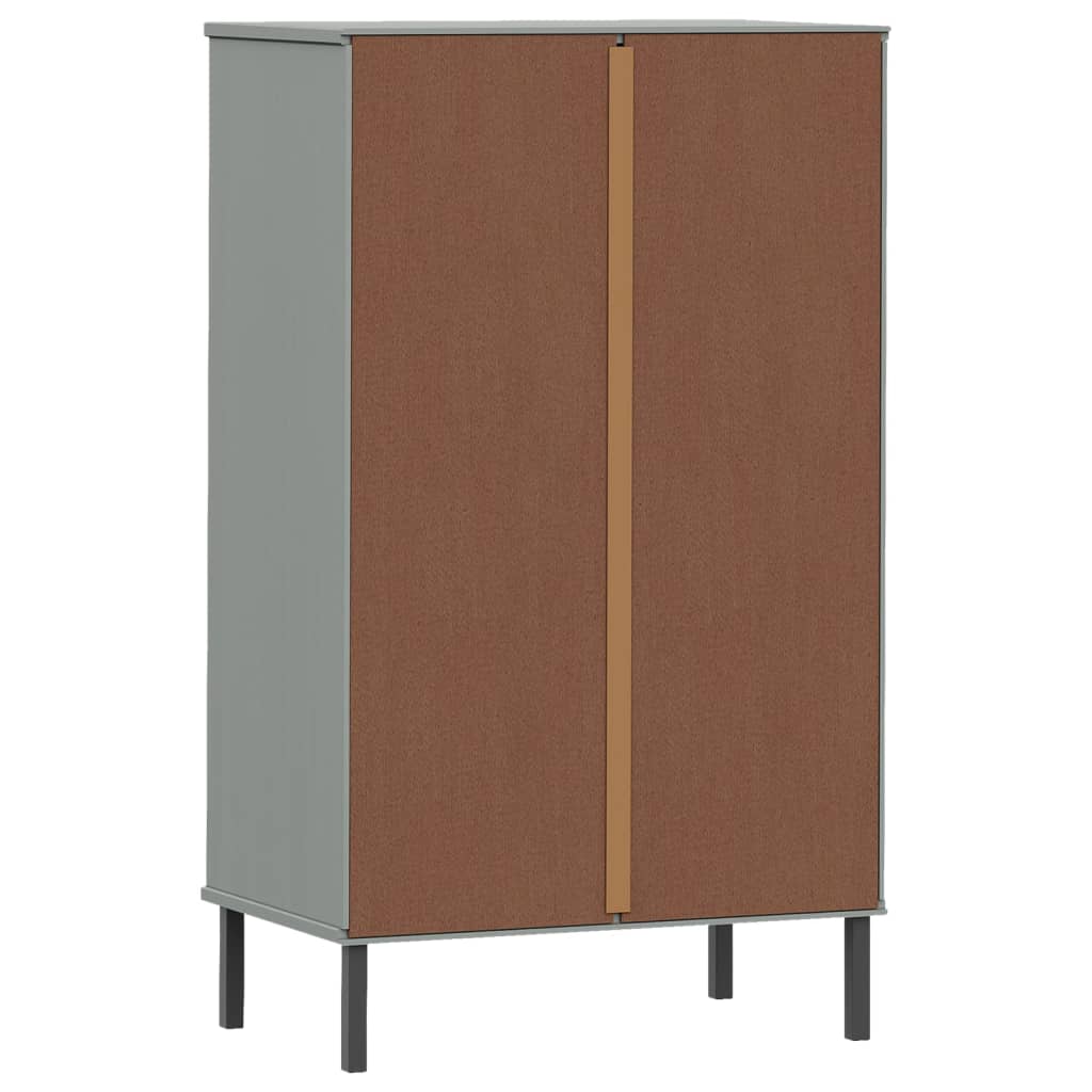 Gray solid pine wood shoe rack with metal legs, featuring a drawer and two doors.