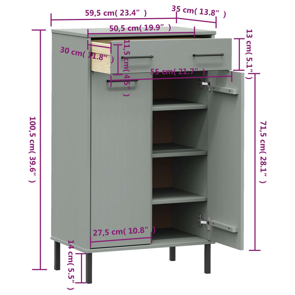 Gray pine wood shoe rack with metal legs, one drawer, two doors, and internal shelves