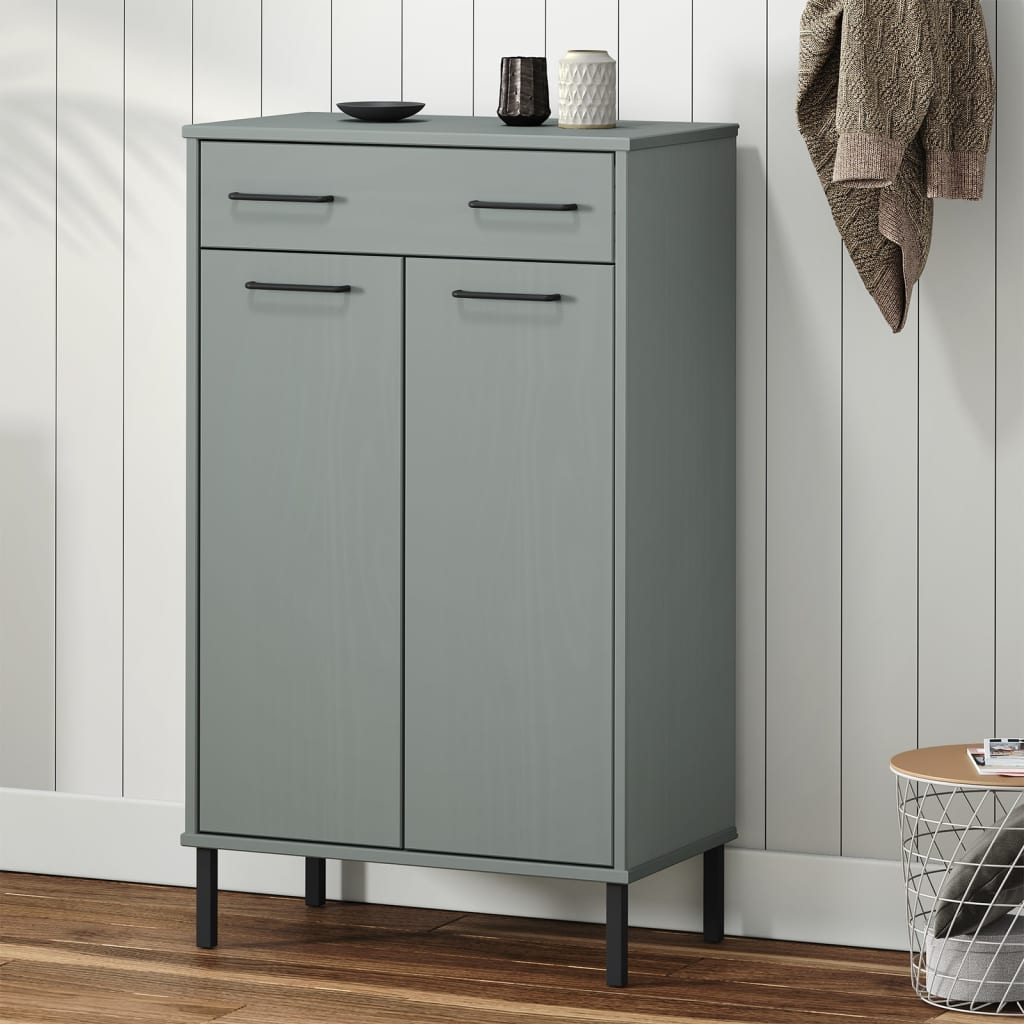 Gray pine wood shoe rack with metal legs, one drawer, two doors, and open shelf.