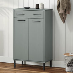 Gray pine wood shoe rack with metal legs, one drawer, two doors, and open shelf.