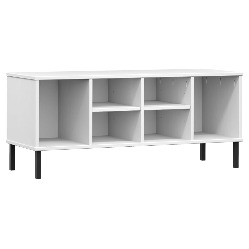 White solid pine wood shoe rack with six compartments and black metal legs.