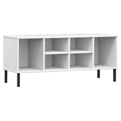 White solid pine wood shoe rack with six compartments and black metal legs.