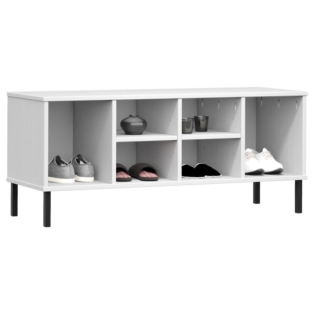 White solid pine wood shoe rack with six compartments and black metal legs holding shoes.