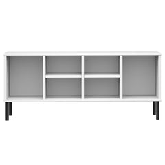 White solid pine wood shoe rack with open compartments and black metal legs.