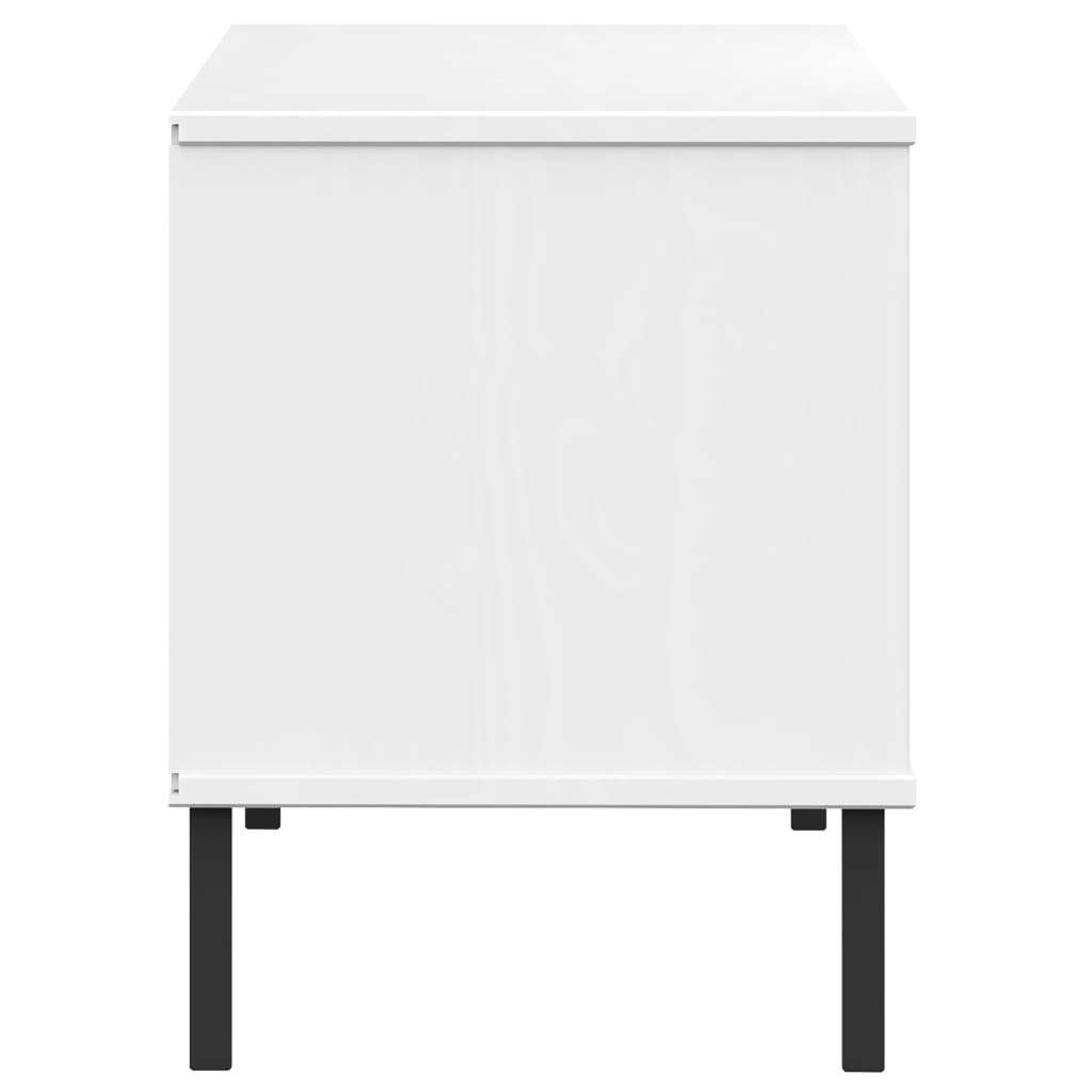 White solid pine wood shoe rack with metal legs and six compartments.