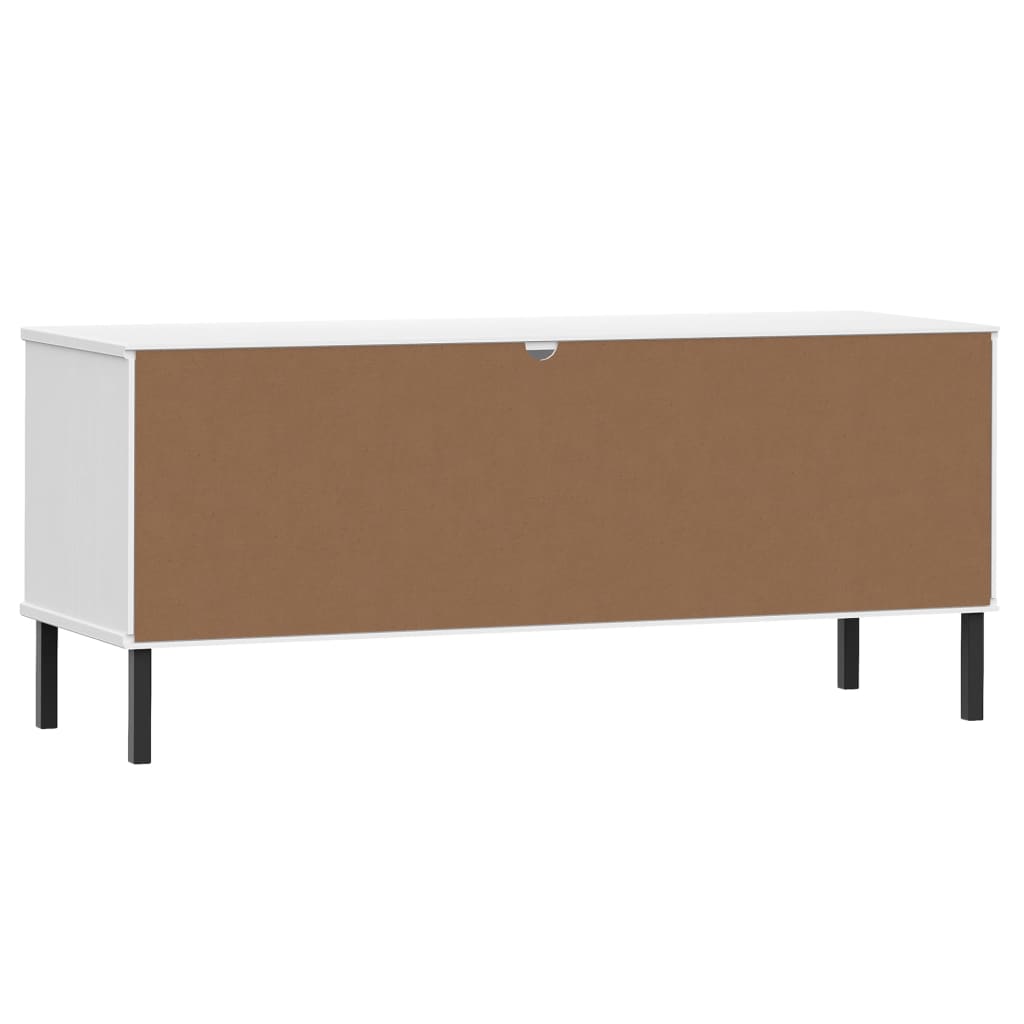 White solid pine wood shoe rack with six compartments and black metal legs.