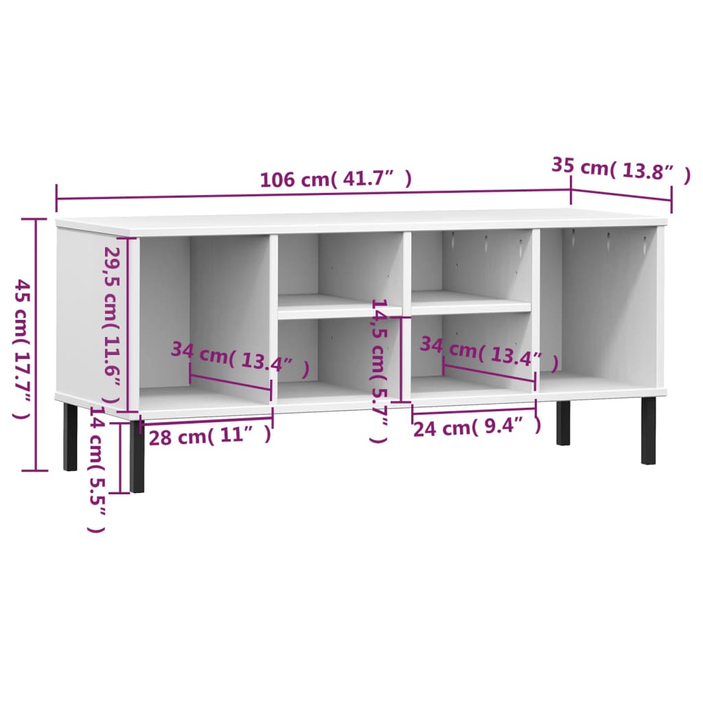 White solid pine wood shoe rack with metal legs, featuring six compartments and dimensions shown.
