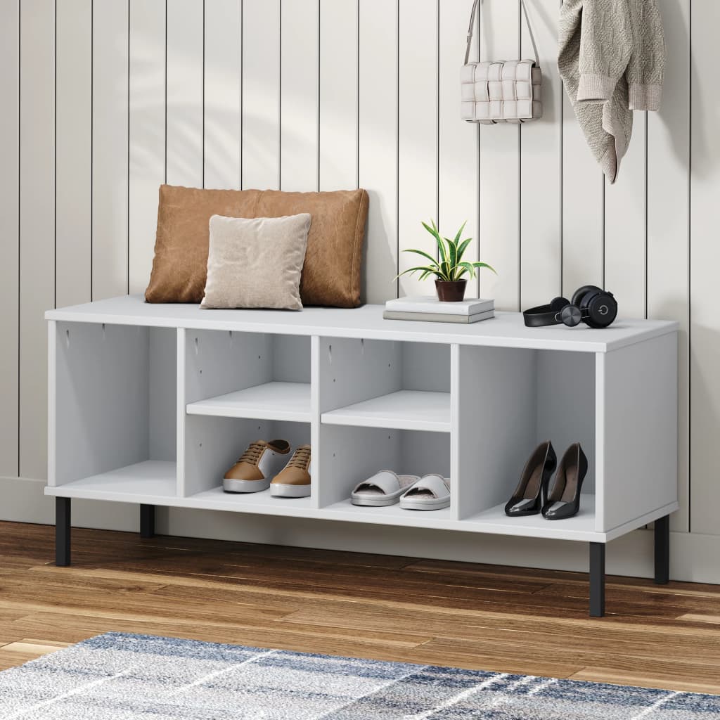 White solid pine wood shoe rack with metal legs, featuring six compartments for shoes.