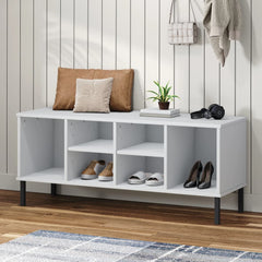 White solid pine wood shoe rack with metal legs, featuring six compartments for shoes.