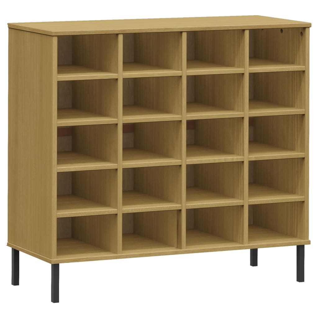 Brown solid pine wood shoe rack with 20 compartments and black metal legs.