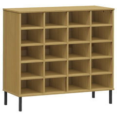 Brown solid pine wood shoe rack with 20 compartments and black metal legs.
