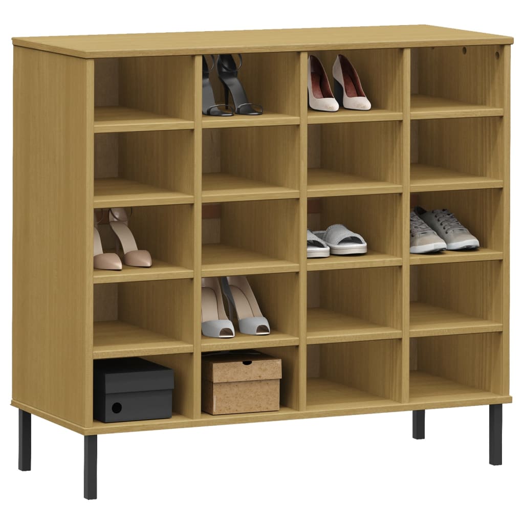 Brown solid pine wood shoe rack with metal legs, featuring multiple compartments for shoes.