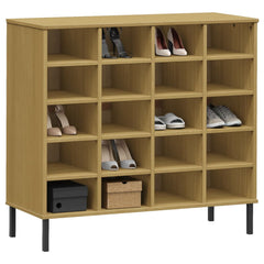 Brown solid pine wood shoe rack with metal legs, featuring multiple compartments for shoes.