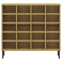 Brown solid pine wood shoe rack with 20 compartments and metal legs.