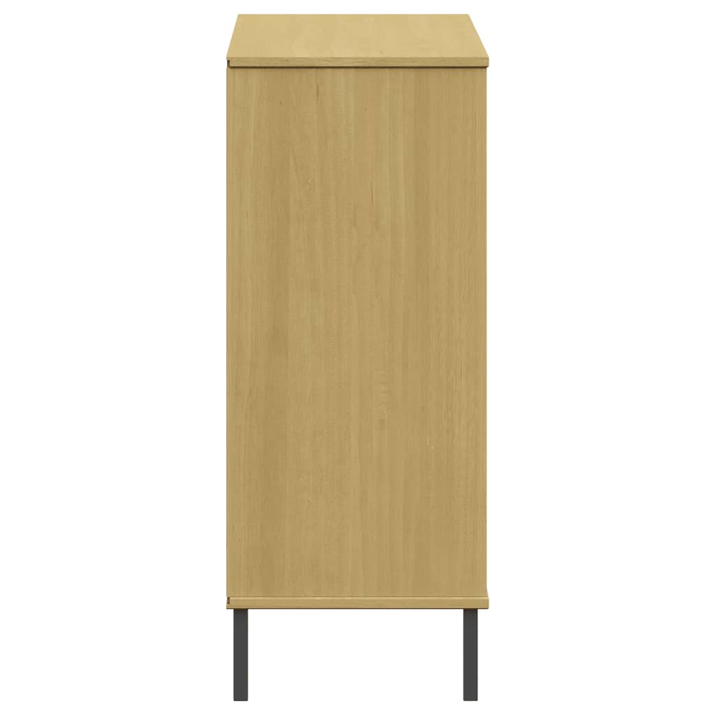 Brown solid pine wood shoe rack with metal legs, side view.