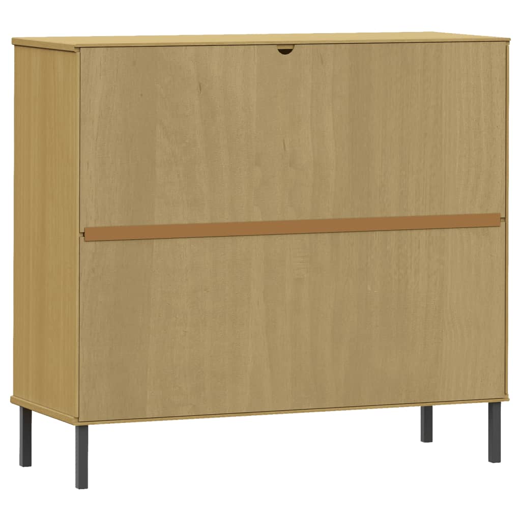 Brown solid pine wood shoe rack with metal legs and a horizontal handle detail.