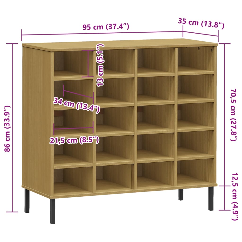 Brown solid pine wood shoe rack with metal legs and 20 compartments, dimensions 95x35x86 cm.