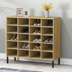 Brown solid pine wood shoe rack with metal legs, featuring 20 compartments for shoes and a top shelf.