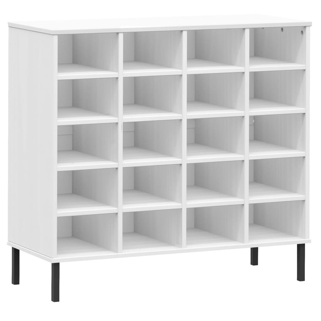 White solid pine wood shoe rack with 20 compartments and black metal legs.