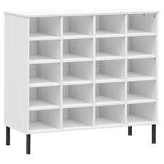 White solid pine wood shoe rack with 20 compartments and black metal legs.