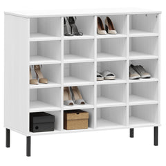 White solid pine wood shoe rack with metal legs, featuring multiple shelves for shoes.