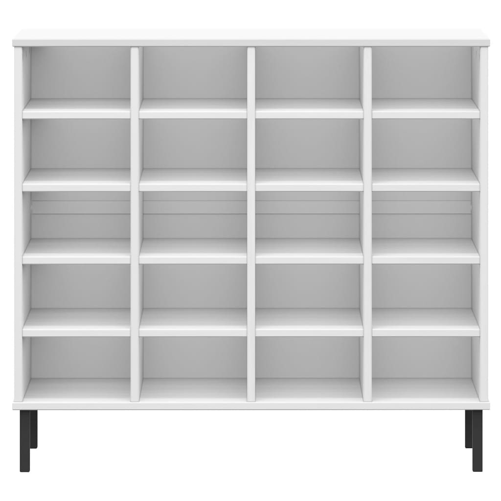 White solid pine wood shoe rack with 20 compartments and black metal legs.