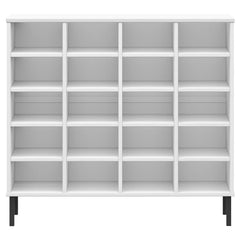 White solid pine wood shoe rack with 20 compartments and black metal legs.
