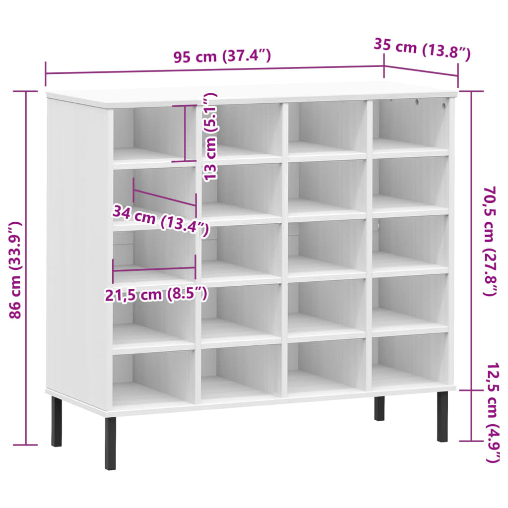 White solid pine wood shoe rack with 20 compartments and metal legs, dimensions shown.