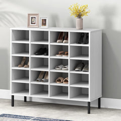 White solid pine wood shoe rack with metal legs, featuring 20 compartments for shoes.
