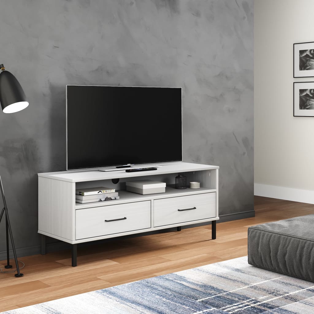 TV Cabinet White Solid pine wood, Metal Medium TV Cabinet