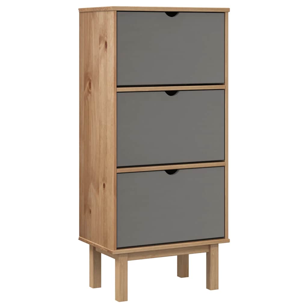 Bostome OTTA shoe cabinet with 3 brown-gray pine wood drawers on legs.