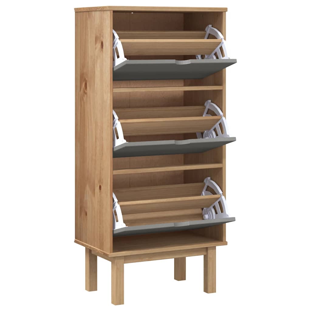 Brown gray solid pine wood shoe cabinet with three flip drawers and legs.