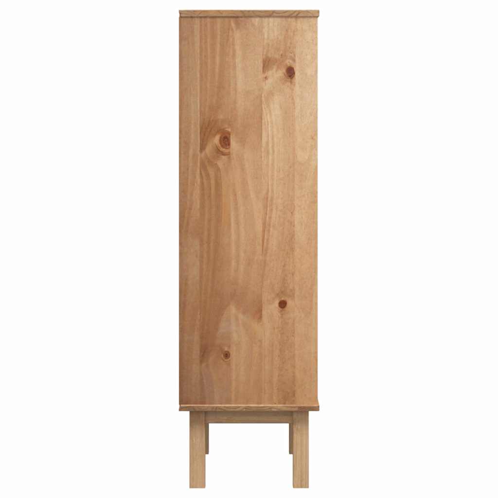 Slim brown-gray solid pine shoe cabinet with three flip drawers and four legs.