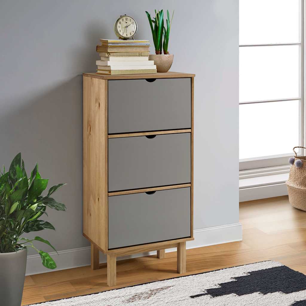 Brown gray solid pine wood shoe cabinet with three drawers and open top shelf.