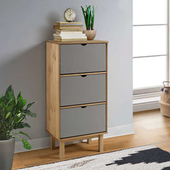 Brown gray solid pine wood shoe cabinet with three drawers and open top shelf.