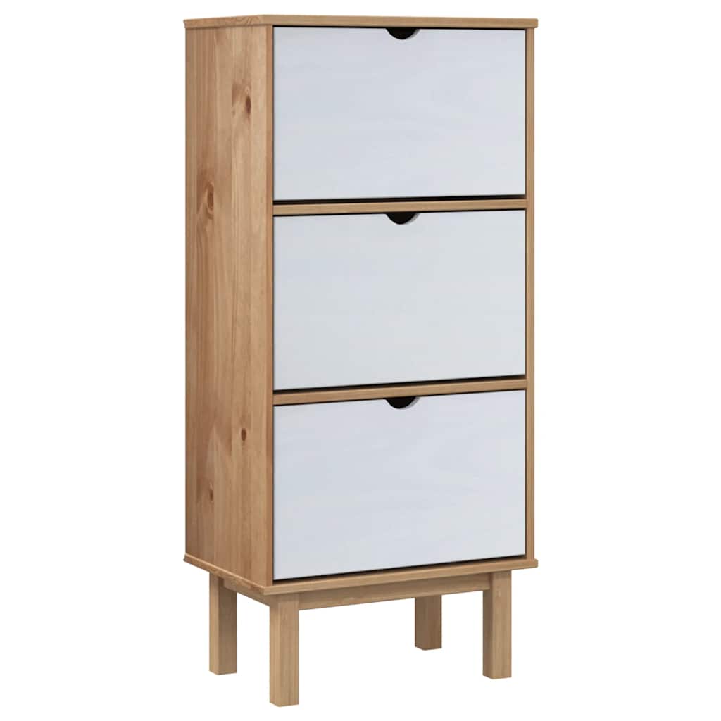 Brown and white 3-drawer shoe cabinet made of solid pine wood.