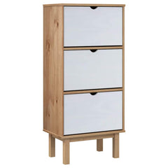 Brown and white 3-drawer shoe cabinet made of solid pine wood.