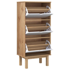 Brown and white 3-drawer shoe cabinet made of solid pine wood with flip-open shelves.