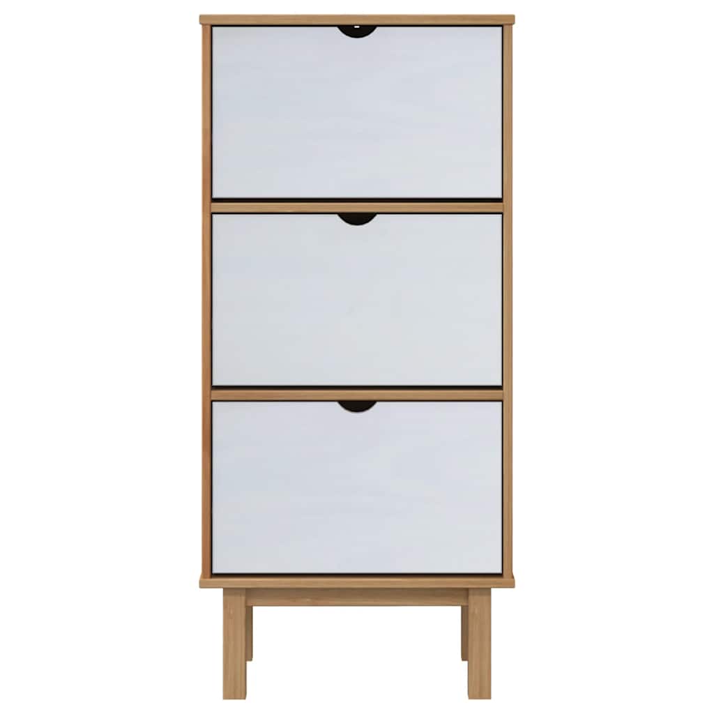 Brown and white 3-drawer shoe cabinet made of solid pine wood.