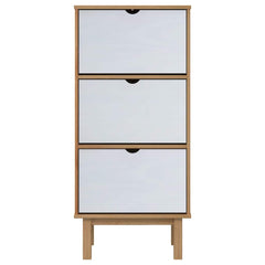 Brown and white 3-drawer shoe cabinet made of solid pine wood.