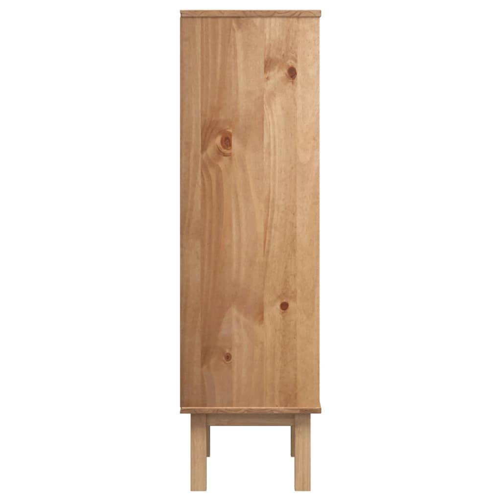 Brown and white solid pine shoe cabinet with three drawers and legs.