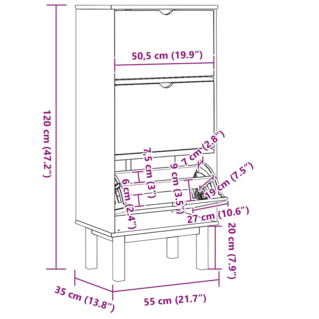 Diagram of Bostome OTTA shoe cabinet showing dimensions: 120cm tall, 55cm wide, 27cm deep, with 3 drawers.