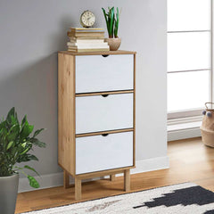 Brown and white 3-drawer shoe cabinet made of solid pine wood, with books and plants on top.