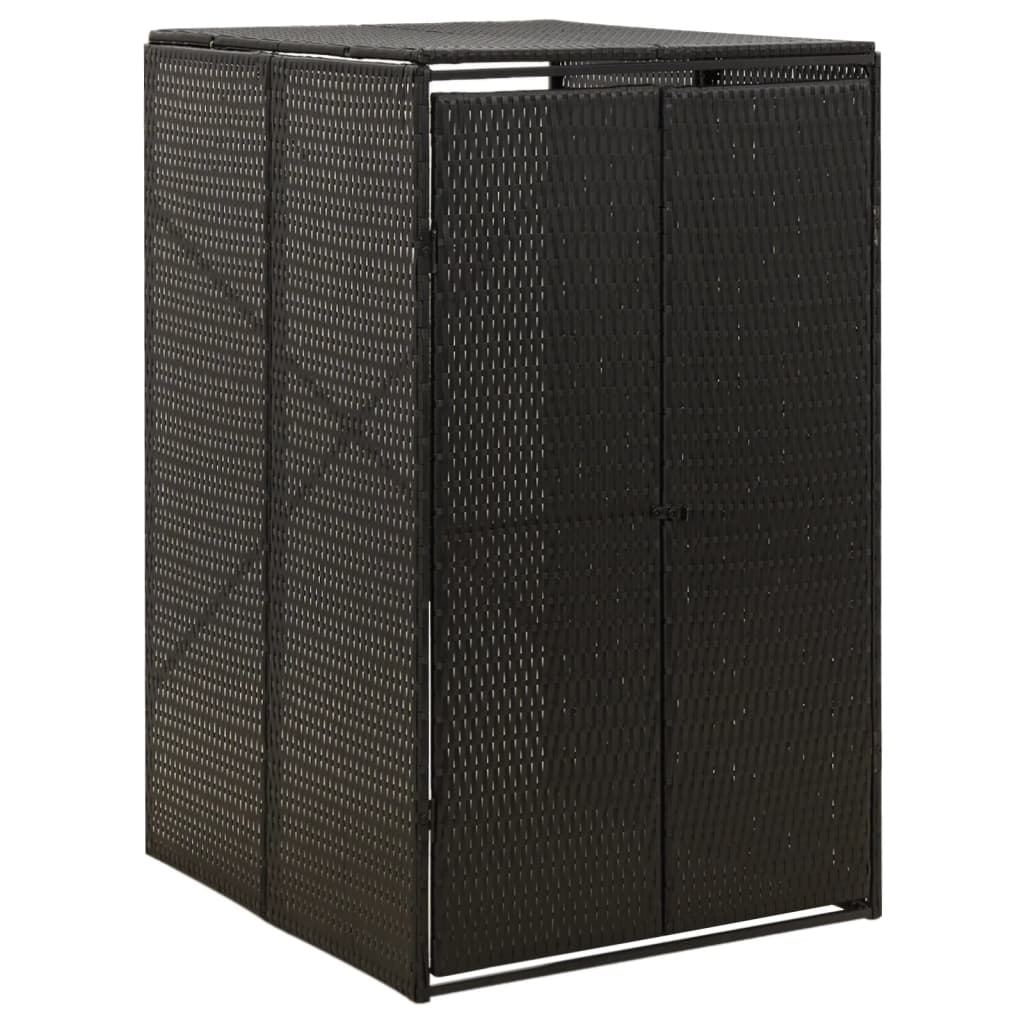 Black poly rattan single wheelie bin shed with double doors and liftable lid.