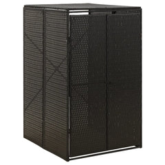 Black poly rattan single wheelie bin shed with double doors and liftable lid.