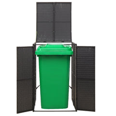 Black poly rattan wheelie bin shed enclosing a single green bin with open doors.
