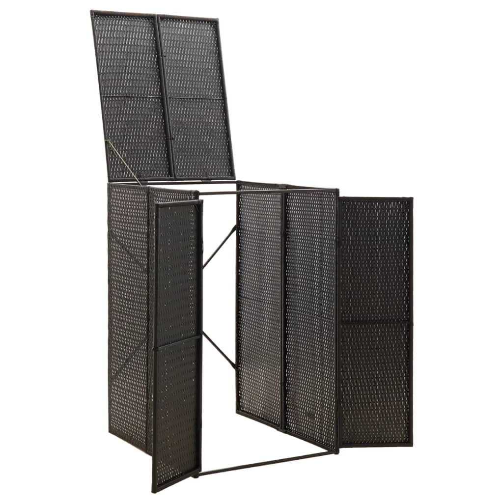 Black poly rattan single wheelie bin shed with liftable lid and double front doors open.