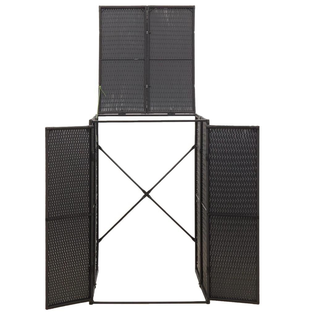 Black poly rattan single wheelie bin shed with open doors and liftable lid.