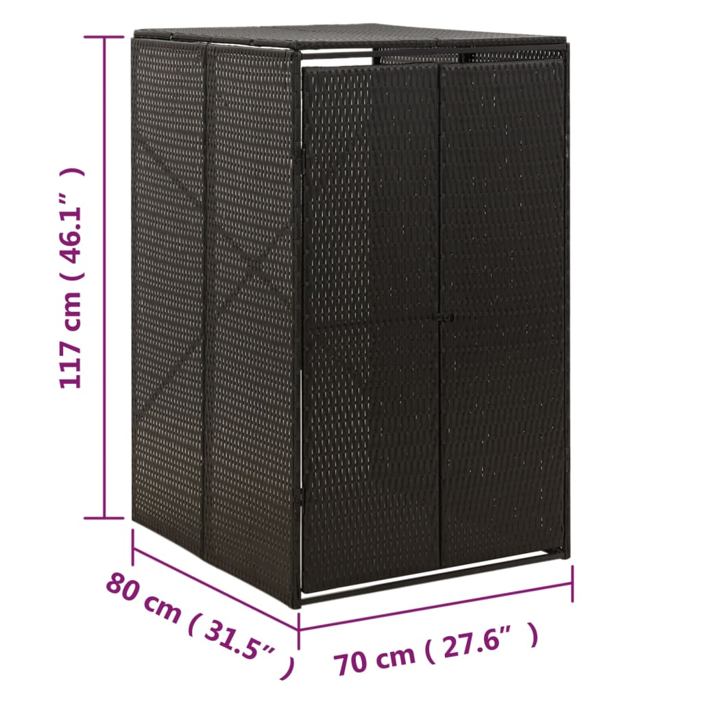 Black poly rattan single wheelie bin shed, 70x80x117 cm, with doors and lid.