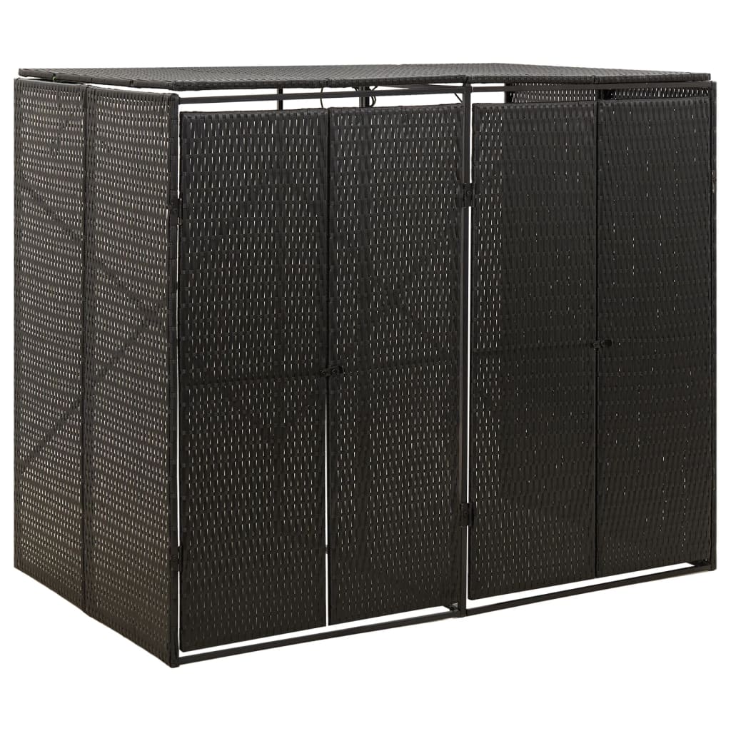 Black poly rattan double wheelie bin shed with mesh panels and doors, dimensions 55.1x31.5x46.1 inches.